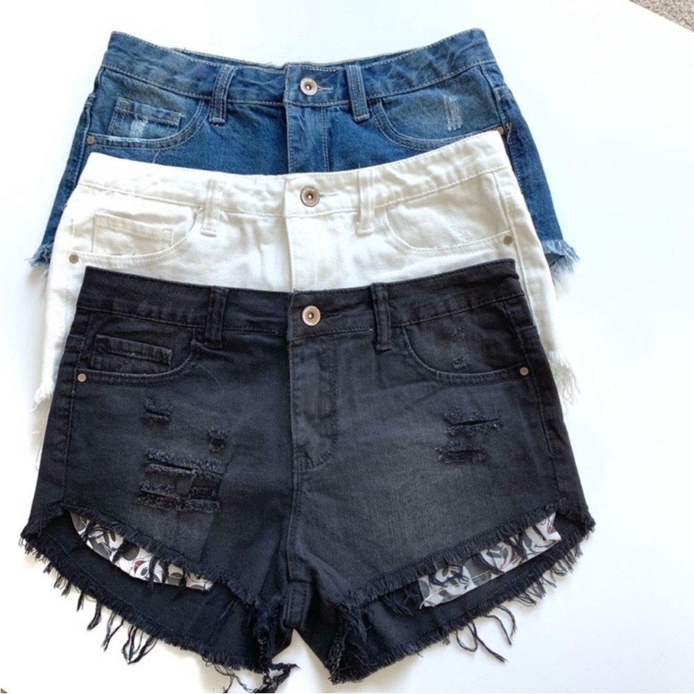 BLACK DISTRESSED DENIM SHORTS - Picture 1 of 9